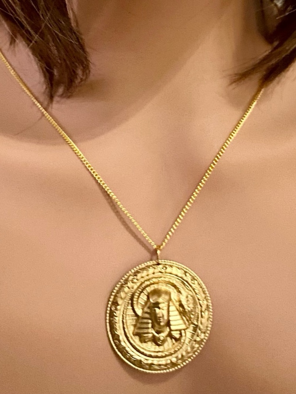 Vintage Egyptian Pharaoh Gold Filled Cameo 18in Gold Tone Chain Necklace